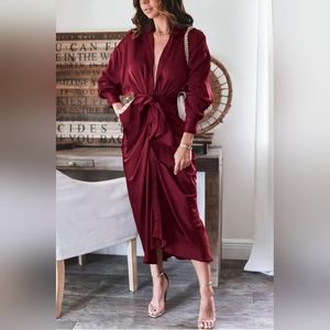BTFBM Women 2023 Long Sleeve Lapel V Neck Button Down Satin Dress Size M